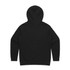 A black hoodie with a hood and long sleeves, featuring a plain back and fitted cuffs.