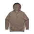 A brown hoodie featuring a front pocket and adjustable drawstring hood. It has a logo on the front.
