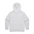 A grey hoodie with a kangaroo pocket and a hood, featuring a branding logo on the back.