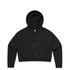 A black cropped hoodie featuring a drawstring hood and long sleeves, with a branded logo.