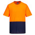 A two-tone short-sleeve t-shirt featuring a vibrant orange upper and navy blue lower section. It has a branding logo.