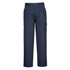 Navy cotton cargo pants with side pockets and a logo tag, featuring a classic straight-leg design.