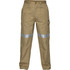 Cotton cargo pants in khaki with reflective tape details and side pockets, featuring a logo on the pocket.