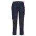 Navy blue pants with grey accents, featuring multiple pockets and a fitted design, displayed against a plain background.