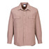 A long-sleeve, beige work shirt with two chest pockets and a branding logo. Suitable for workwear purposes.