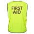 A hi-vis yellow vest with "FIRST AID" printed on the back, featuring black trim. 