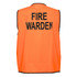 An orange vest with black text reading "FIRE WARDEN." The vest features a simple design and has a branding logo.