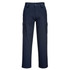 Lightweight cargo pants in navy blue featuring side pockets and a button closure, with a logo on the waistband.