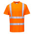 An orange short-sleeved T-shirt with reflective stripes and a logo.