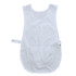 A white tabard with a front pocket and adjustable strap, designed for salon and spa uniforms.