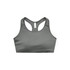 A grey sports crop top featuring a racerback design, with stitching details and a logo.