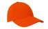 An orange cap with a curved brim and a central button, featuring a logo on the side.