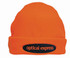 An orange beanie with a black patch featuring a logo. The beanie has a soft, textured appearance.