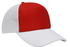 A red and white truckers mesh cap with a structured front and breathable mesh sides, featuring a logo.