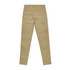 A pair of tan pants with a slim fit, featuring rear pockets and a logo tag.