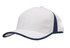 A white cap with navy trim and inserts, featuring a curved peak and a logo on the front.