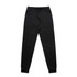 Black track pants with an elastic waistband and cuffed ankles. The design includes a logo.