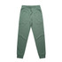 Green track pants made of soft fabric with an elastic waistband and ankle cuffs, featuring a logo.