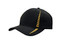 A black cap with small check pattern detailing and a logo, featuring yellow stitching accents.