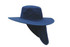 A navy blue canvas sun hat with a wide brim and a neck flap, featuring a logo.