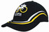 A black cotton cap featuring curved embroidery in yellow and white, with a logo on the front.