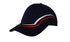 A navy cap featuring curved embroidery in red, white, and black on the crown and peak, with a logo.