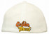 A white cap with a logo on the front, featuring a mesh design and a fitted style.