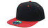 A two-tone premium American twill cap featuring a black body with a red brim and a branded logo.