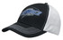 A black and white cap with a mesh back and embroidered logo on the front.