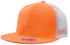 An orange cap with a mesh back and a flat brim, featuring a logo on the front.