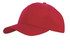 A red sports cap with a curved brim and an adjustable strap at the back, featuring a logo.
