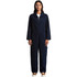 A navy blue canvas overall with long sleeves and a front zipper, featuring pockets and a branded logo.