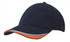 A navy cap with an indented peak and contrasting orange trim, featuring a logo on the front.