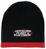 A two-tone acrylic beanie featuring black and red colours with a logo on the front.