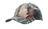 A camouflage six-panel cap featuring a mix of green, brown, and earthy tones; includes a logo.