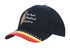 A navy cap featuring a multicoloured printed peak and a logo, ideal for promotional use.