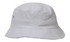 A white brushed sports twill bucket hat with a small logo. Features a wide, flexible brim.