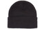 A black acrylic beanie with a folded cuff. It features a simple design and has a logo on the side.