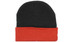 A black and red acrylic beanie with a turned-up brim, featuring a logo on the side.