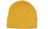 A yellow acrylic beanie with a folded brim and a seamless top. It features a logo on the outer surface.