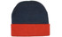 A beanie featuring a navy top and an orange cuff, made from acrylic material with a logo.