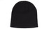 A black rolled down acrylic beanie with a smooth, minimalist design and a small logo on the side.