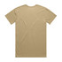 A plain beige T-shirt with a crew neck and short sleeves, featuring a logo on the back.