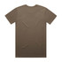 A plain brown T-shirt featuring a crew neck and short sleeves, with a logo on the back.