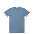 A light blue t-shirt with a crew neckline and short sleeves, featuring a logo on the inside label.