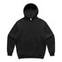 A black hoodie featuring a front pocket and a hood, with a logo present on the design.