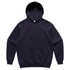 A navy blue hoodie with a front pocket and a large hood, featuring a logo on the front.