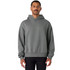 A grey hoodie with a front pocket and a logo, featuring an elasticated hem and oversized silhouette.