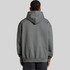 A grey hoodie with a large back hood and a relaxed fit, featuring a logo on the back.