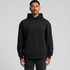 A black hoodie featuring a front pocket and a hood, worn by a standing man. It has a logo on the garment.
